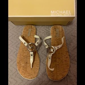 Michael Kors Thong Sandal White PVC, Silver MK and Cork Footbed Size 10